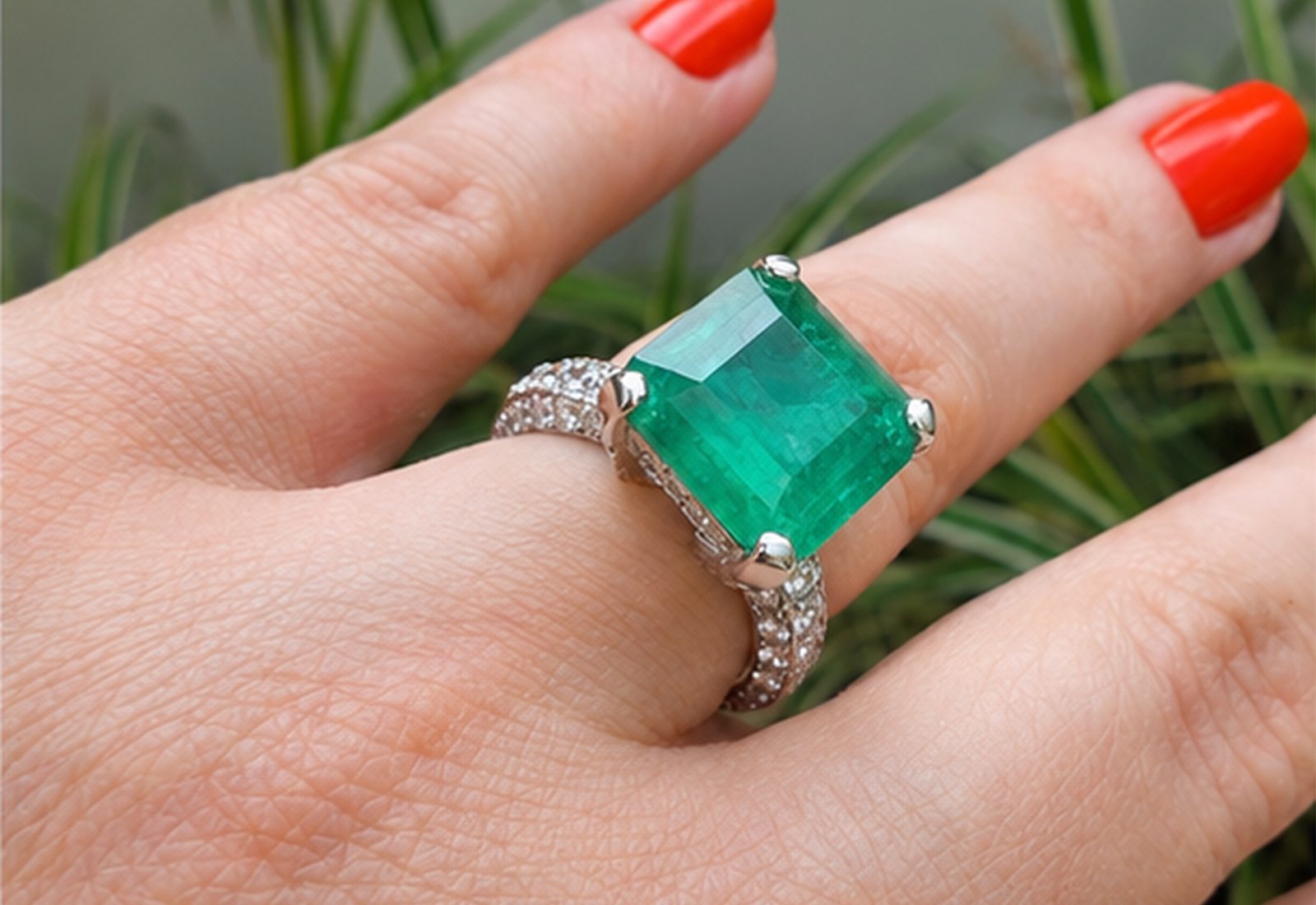 Emerald-cut emerald ring on pave shoulders, worn against tropical foliage
