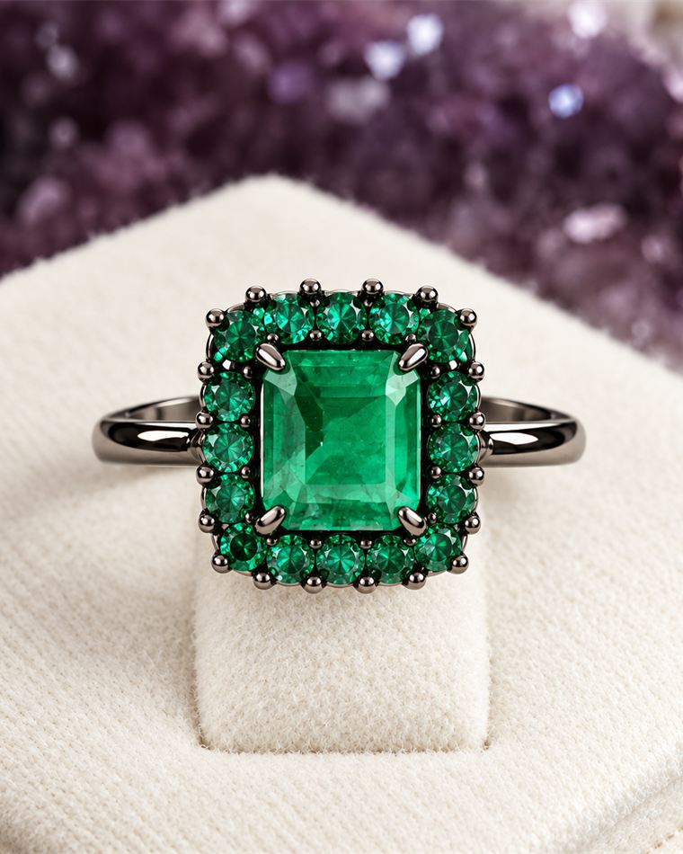 Emerald-cut emerald ring framed by round emeralds in blackened gold