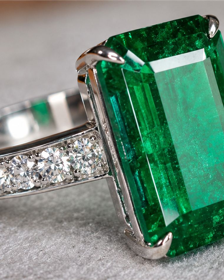 Emerald-cut emerald ring with diamond-set shoulders