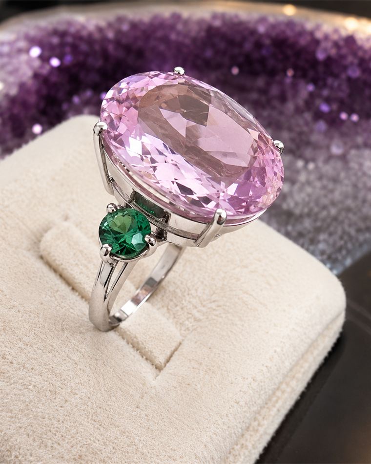 Pale pink kunzite ring with a green tourmaline accent