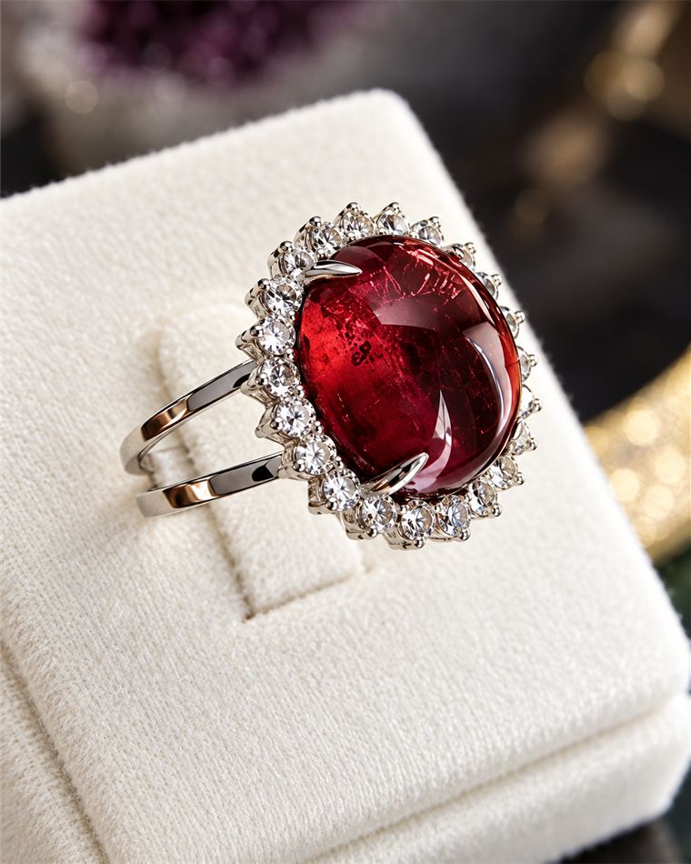 Red rubellite tourmaline cabochon ring with a diamond halo